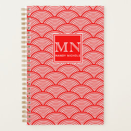 Elegantes Red Japanese Wave Pattern Mit Monogramm Planer