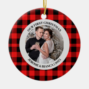 Elegantes Red Kariert First Christmas Couple Foto Keramik Ornament