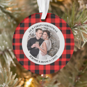 Elegantes Red Kariert First Christmas Couple Foto Ornament