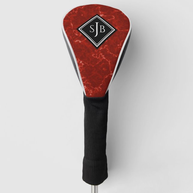 Elegantes Red Marble Black Diamond Monogram Golf Headcover (Vorderseite)