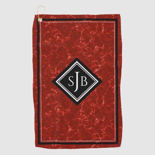 Elegantes Red Marble Black Diamond Monogram Golfhandtuch (Vorderseite)