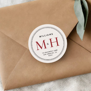 Elegantes Red Monogram Wedding Return Address Labe Runder Aufkleber