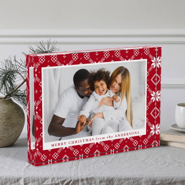 Elegantes Red Nordic Snowflake Muster Weihnachten Fotoblock (Von Creator hochgeladen)