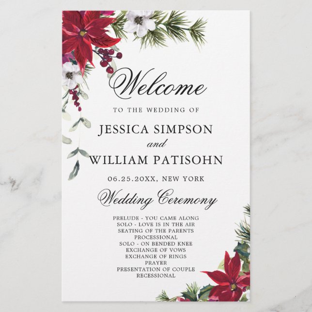 Elegantes Red Poinsettia Hochzeitsprogramm (Vorderseite)