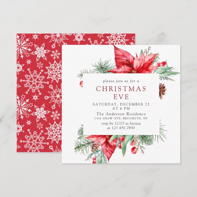 Elegantes Red Poinsettia Holiday Christmas EVE Par Einladung (Vorne/Hinten)