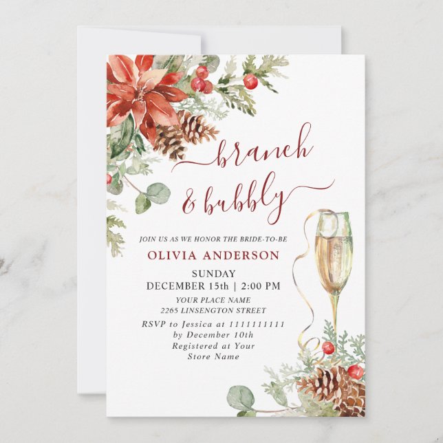 Elegantes Red Poinsettia Watercolor Brunch & Bubbl Einladung (Vorderseite)