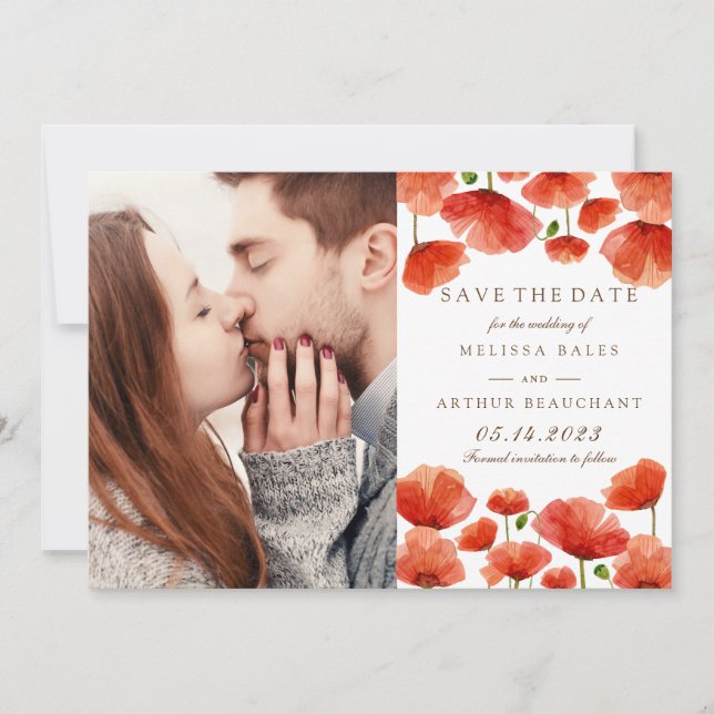 Elegantes Red Poppy Blume Foto Save the Date (Vorderseite)