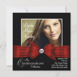 Elegantes Red Ribbon Black Red Foto Quinceanera Einladung
