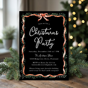 Elegantes Red Ribbon Greenery Schwarzes Weihnachts Einladung