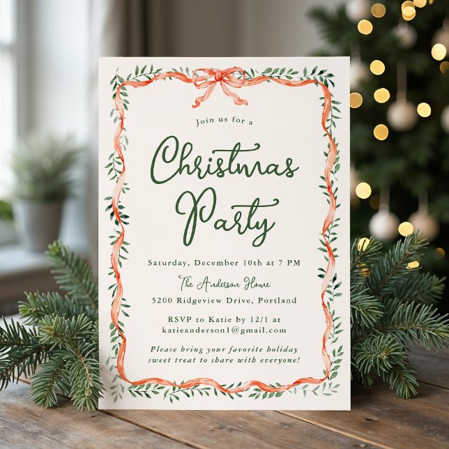 Elegantes Red Ribbon Grüne Creme Weihnachts-Party Einladung (Von Creator hochgeladen)