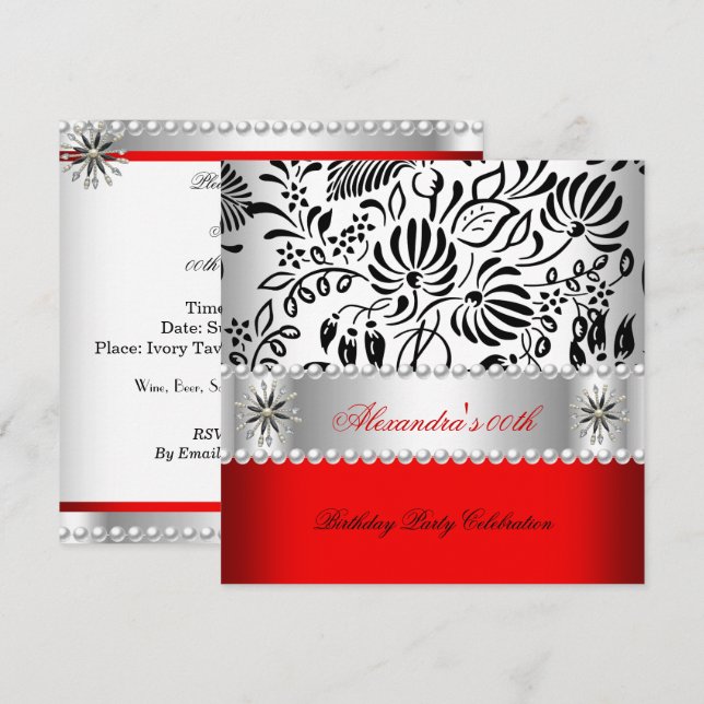 Elegantes Red Schwarz-weiß Damask Pearl Party Einladung (Vorne/Hinten)