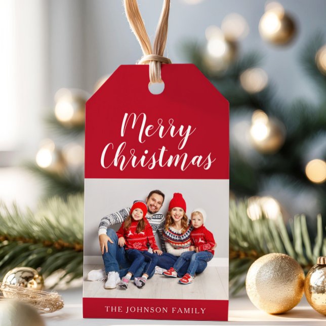 Elegantes Red Script Weihnachts-Foto Geschenkanhänger (Elegant Red Script Christmas Photo Gift Tags)
