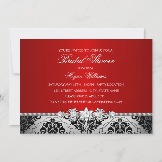 Elegantes Red Silver Damask & Jewel Brautparty Einladung (Vorderseite)