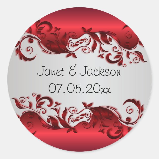 Elegantes Red & Silver Florid Wedding Design Runder Aufkleber (Vorderseite)