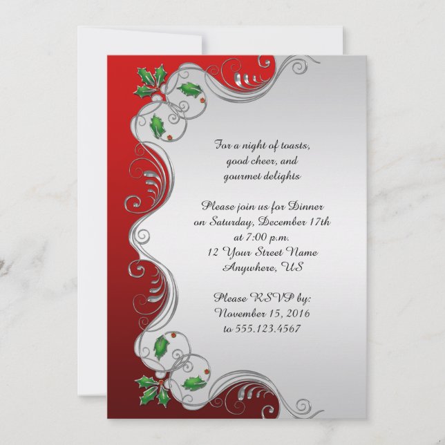 Elegantes Red Silver Green Holly Weihnachts-Party Einladung (Vorderseite)