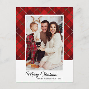 Elegantes Red Tartan Frohe Weihnachtsfamilie Foto Postkarte