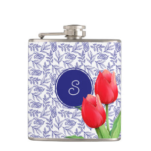 Elegantes Red Tulips Spring Floral Blue Monogram Flachmann