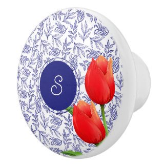Elegantes Red Tulips Spring Floral Blue Monogram Keramikknauf