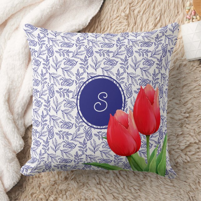 Elegantes Red Tulips Spring Floral Blue Monogram Kissen (Decke)