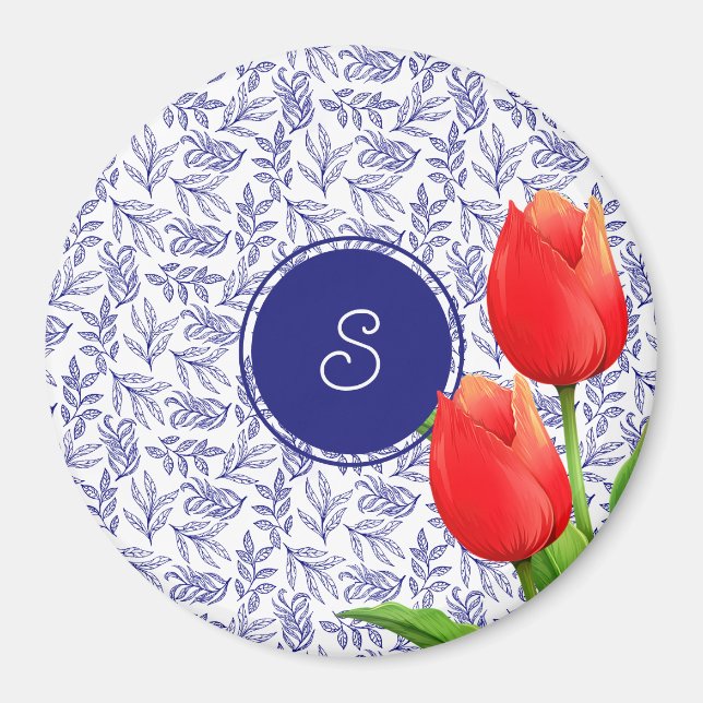 Elegantes Red Tulips Spring Floral Blue Monogram Magnet (Vorne)