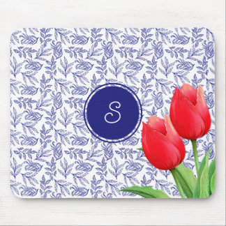 Elegantes Red Tulips Spring Floral Blue Monogram Mousepad