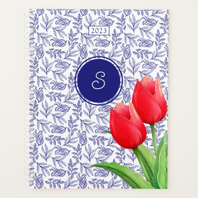 Elegantes Red Tulips Spring Floral Blue Monogram Planer (Vorderseite)
