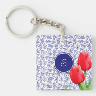 Elegantes Red Tulips Spring Floral Blue Monogram Schlüsselanhänger