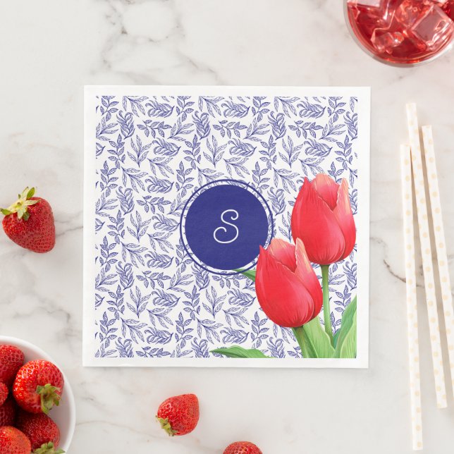 Elegantes Red Tulips Spring Floral Blue Monogram Serviette (Beispiel)
