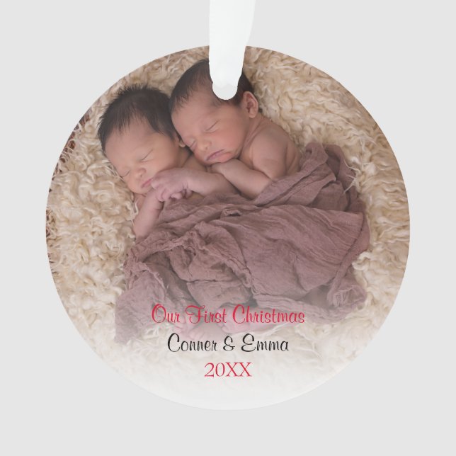 Elegantes Red Twin Foto Baby First Christmas Ornament (Vorderseite)