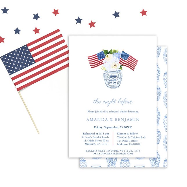 Elegantes Red White Blue Hochzeit Probe Dinner Einladung (Elegant All-American Ginger Jar Florals Rehearsal Dinner Invitation)
