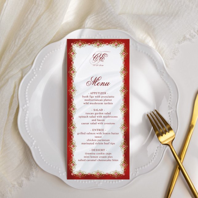 Elegantes Red White Gold Monogram Wedding Menu Menükarte (Von Creator hochgeladen)