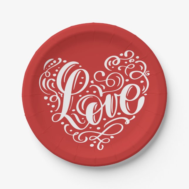 Elegantes Red White Liebe Hochzeitsherz Brautparty Pappteller (Vorderseite)