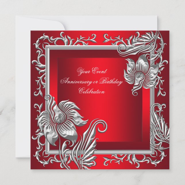 Elegantes Regal Rotes Silver Floral Party Einladung (Vorderseite)