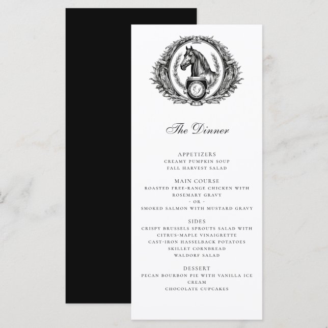 Elegantes Reitpferd Monogram Wappen Hochzeit Menükarte (Vorne/Hinten)