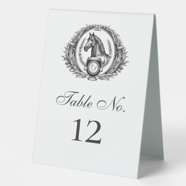 Elegantes Reitpferd Monogram Wappen Hochzeit Tischaufsteller (Vorderseite)