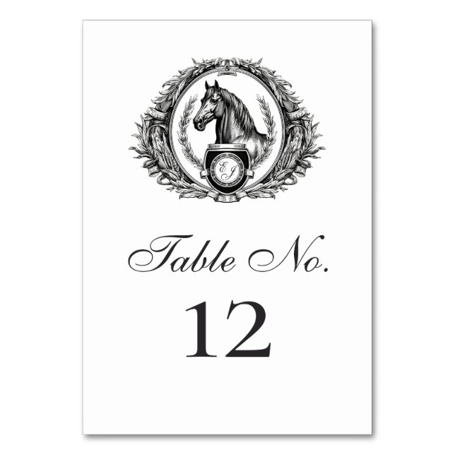 Elegantes Reitpferd Monogram Wappen Hochzeit Tischnummer (Vorderseite)