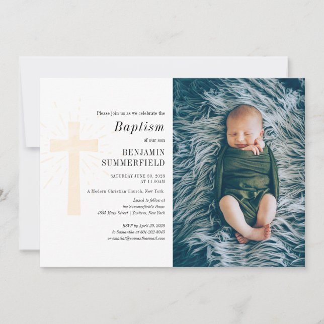 Elegantes religiöses Baby Foto Taufe Einladung (Vorderseite)