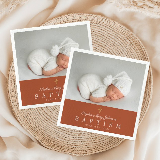 Elegantes Religiöses Cross Terracotta Foto Taufe Serviette (Elegant Religious Cross Terracotta Photo Baptism Napkins)