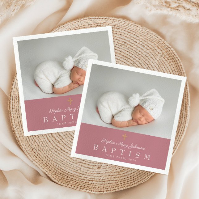 Elegantes religiöses, rosa Foto Girl Baptism Serviette (Elegant Religious Cross Pink Photo Girl Baptism Napkins)
