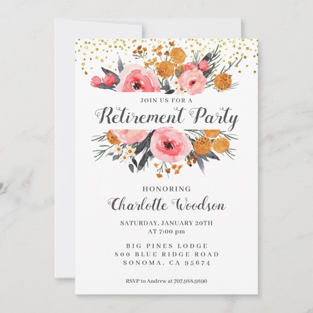 Elegantes Renten-Party | Blütenrosa Gold Einladung (Vorderseite)