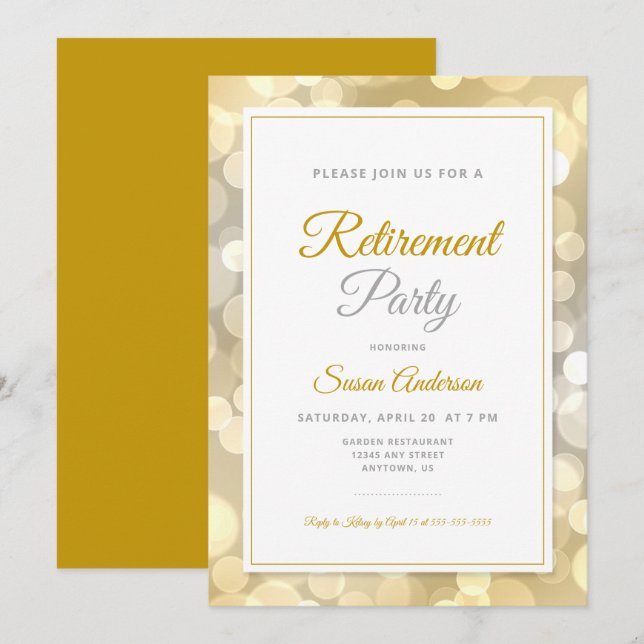 Elegantes Renten Party Gold Bokeh Einladung (Vorne/Hinten)