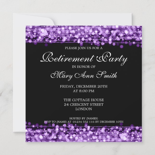 Elegantes Renten Party Lila Glitzern Einladung (Vorderseite)