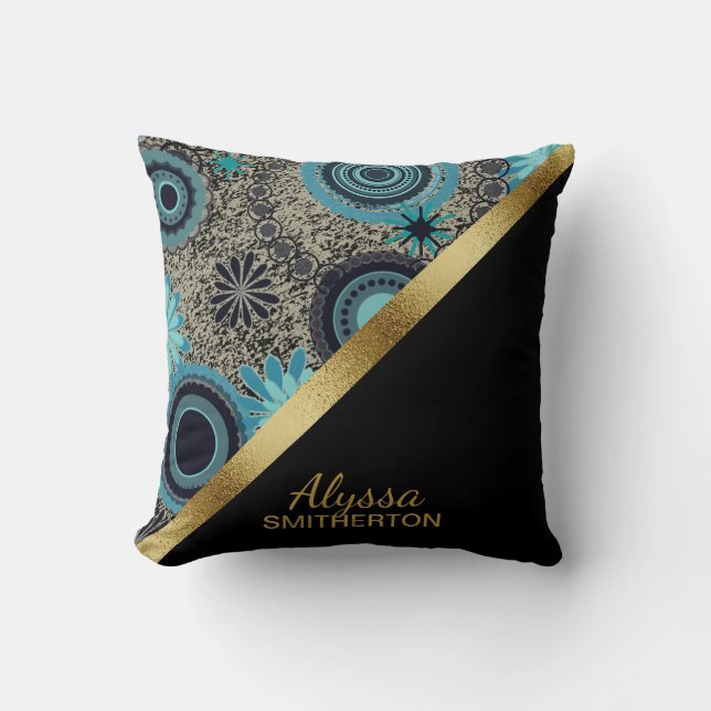 Elegantes Retro Aquamarin Black Gold Personalisier Kissen (Vorderseite)