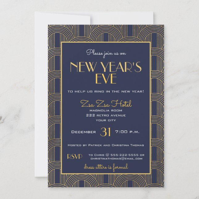 Elegantes Retro Blue Gold Deko Silvester Party Einladung (Vorderseite)
