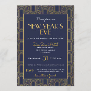 Elegantes Retro Blue Gold Deko Silvester Party Einladung