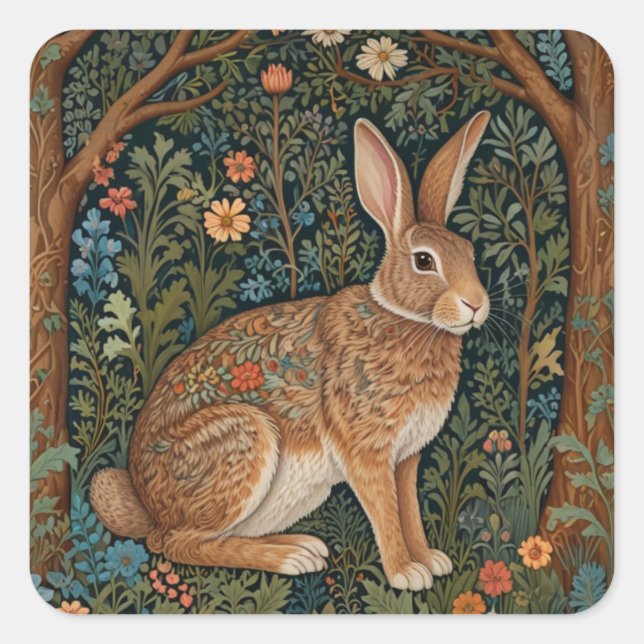Elegantes Retro-Boho Kaninchenwald mit Blüte Quadratischer Aufkleber (Vorderseite)
