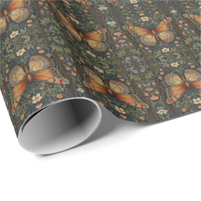 Elegantes Retro-Boho Schmetterling botanisches Grü Geschenkpapier (Rolleneckpunkt)