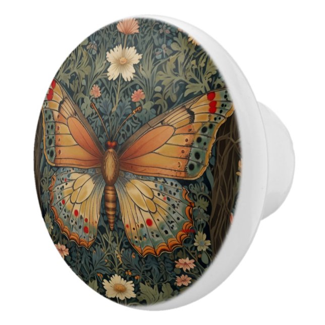 Elegantes Retro-Boho Schmetterling botanisches Grü Keramikknauf (Rechts)