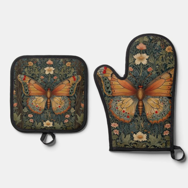 Elegantes Retro-Boho Schmetterling botanisches Grü Ofenhandschuh & Topflappen-Set (Vorderseite)