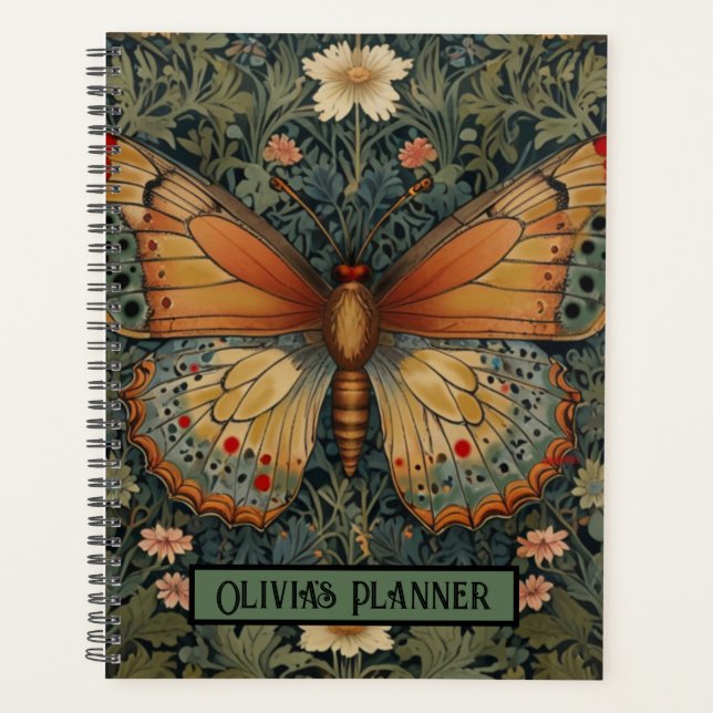 Elegantes Retro-Boho Schmetterling botanisches Grü Planer (Vorderseite)